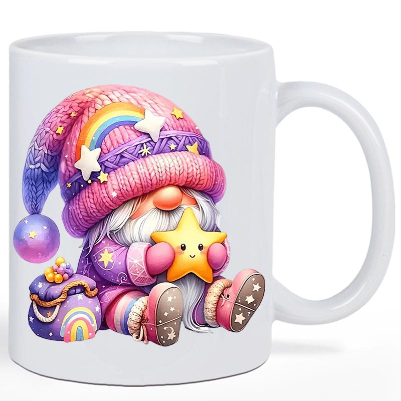 Tailorly White Ceramic 11 oz Mug - Adorable Pink Knitted Hat Character Holding A Smiling Bright Golden Star Gnome