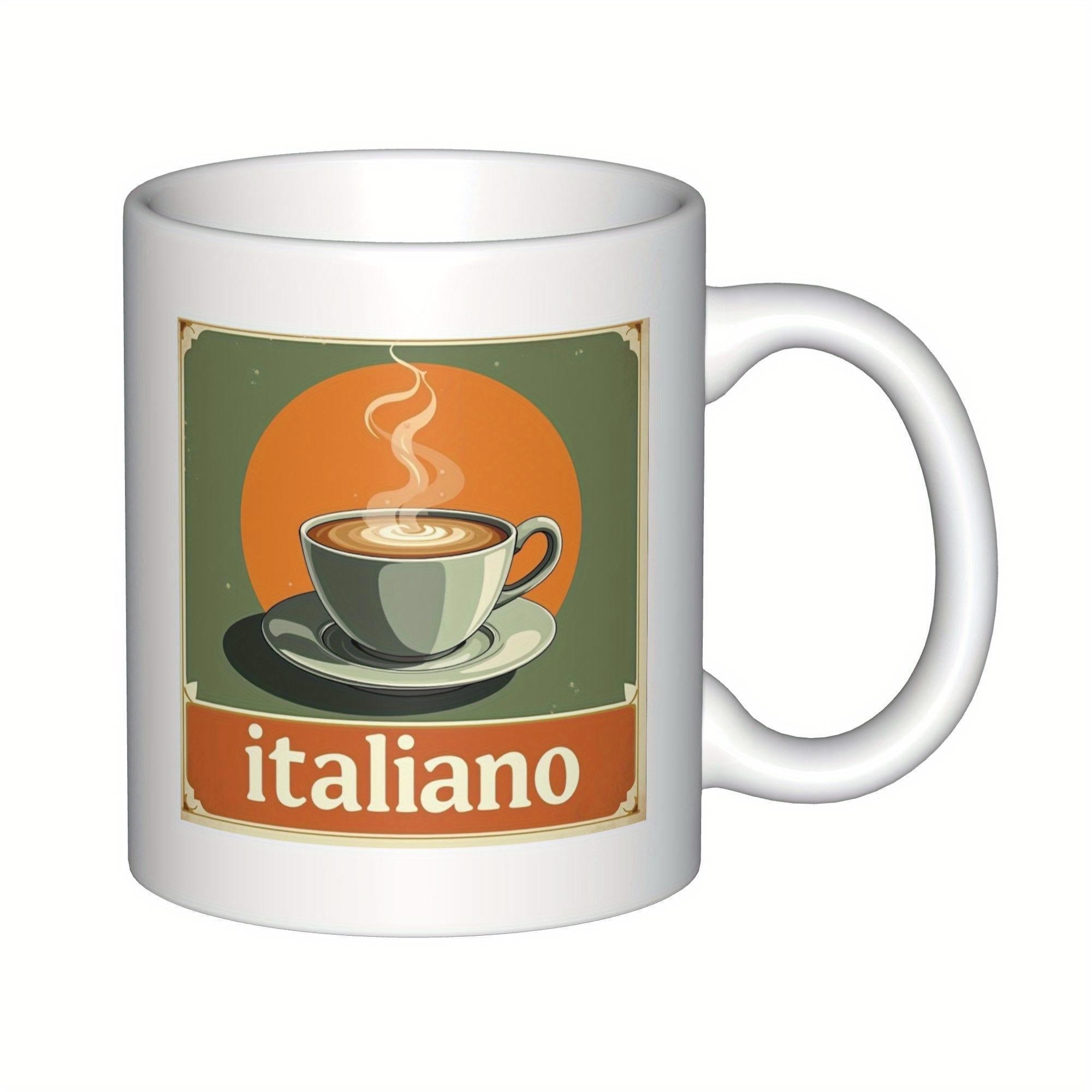 Tailorly White Ceramic 11 oz Mug - Italiano Vintage Style Illustration Featuring Hot Steaming Coffee Under Warm Circular Sun Coffee Cup