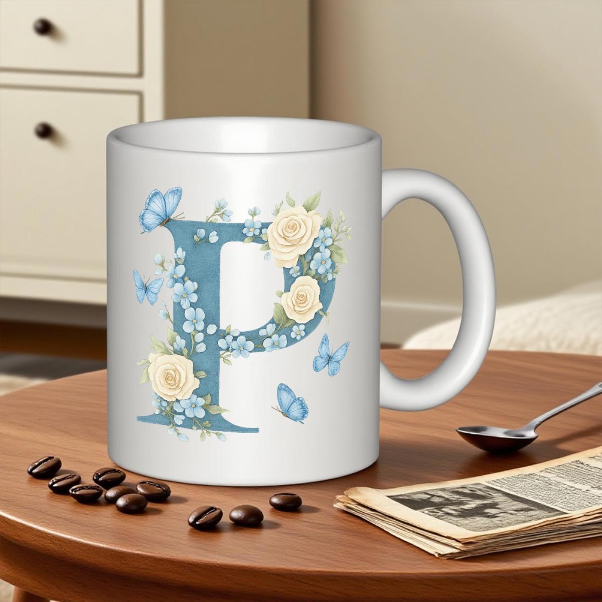 Tailorly White Ceramic 11 oz Mug - P Elegant Vintage Floral Letter With Cream Roses And Flying Blue Butterfly