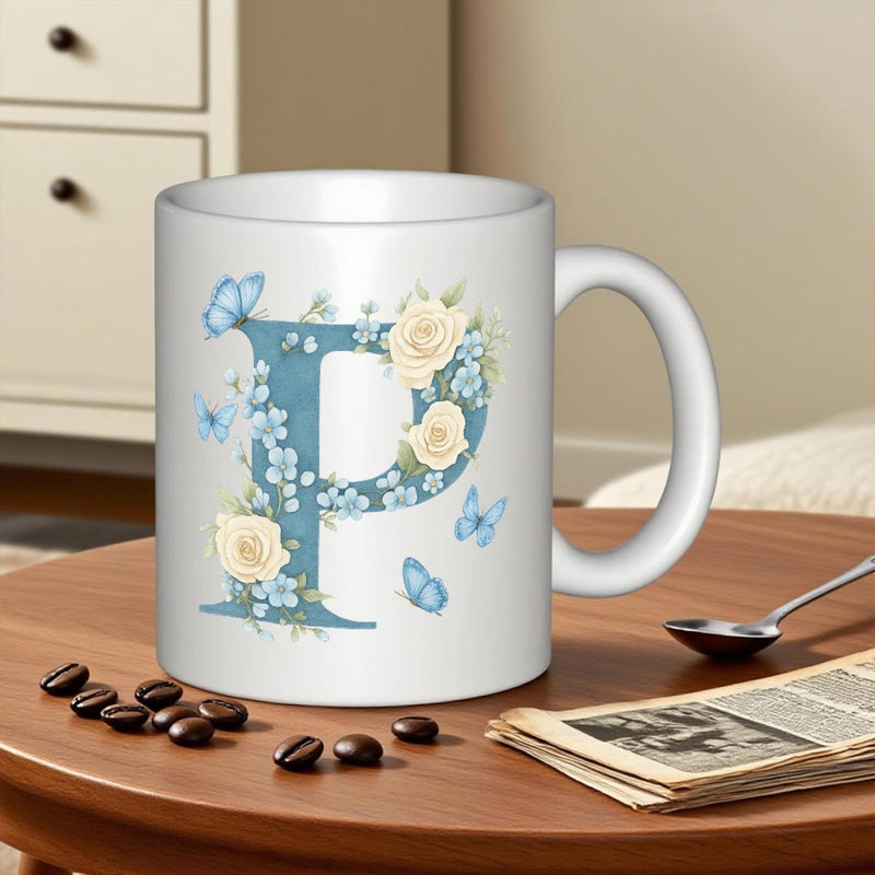 Tailorly White Ceramic 11 oz Mug - P Elegant Vintage Floral Letter With Cream Roses And Flying Blue Butterfly