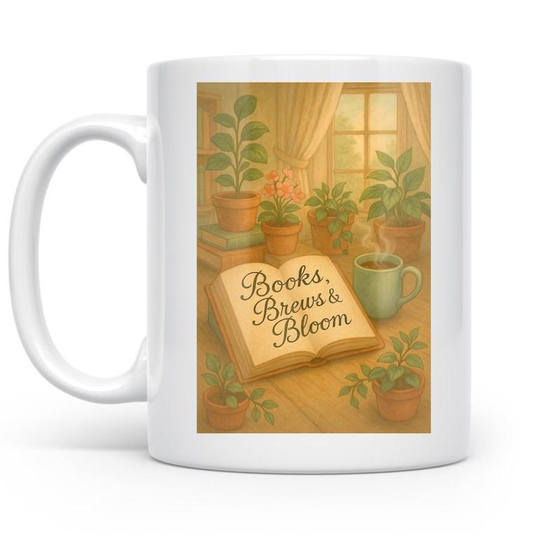 Tailorly White Ceramic 11 oz Mug - Books Brews Bloom Cozy Indoor Garden With Coffee Mug And Open Book Among Potted Plant