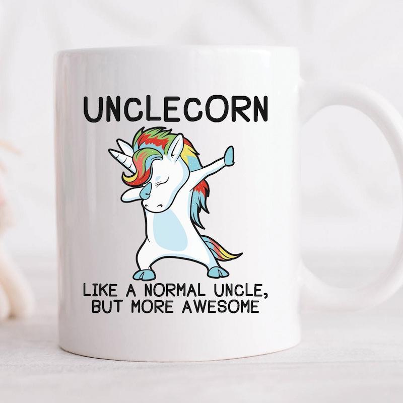 Tailorly White Ceramic 11 oz Mug - Unclecorn Like A Normal Uncle But More Awesome Whimsical Cartoon Unicorn With Rainbow Mane Performing A Playful Dancing Dab