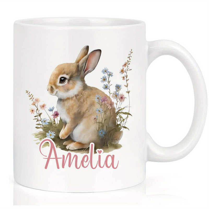 Tailorly White Ceramic 11 oz Mug - Amelia Adorable Brown Bunny Sitting Peacefully Among Colorful Spring Garden Wildflowers Rabbit