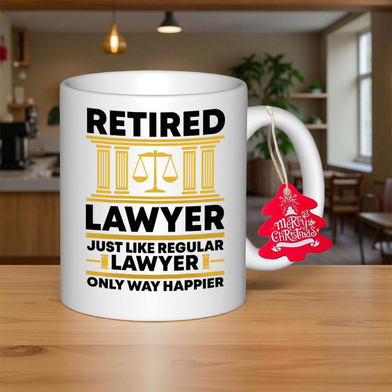 Tailorly White Ceramic 11 oz Mug - Retired Lawyer Just Like Regular Lawyer Only Way Happier Classic Roman Pillars Featuring Symbol Of Justice And Golden Scales