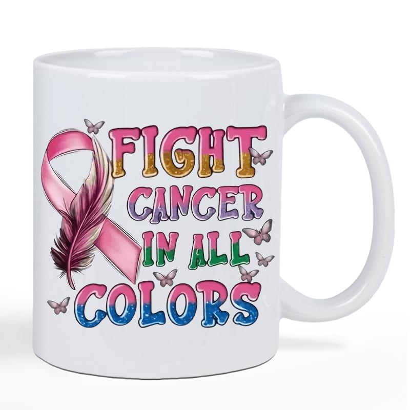 Tailorly White Ceramic 11 oz Mug - Fight Cancer In All Colors Colorful Awareness Ribbon With Delicate Feather Among Fluttering Small Butterflies Ribbon