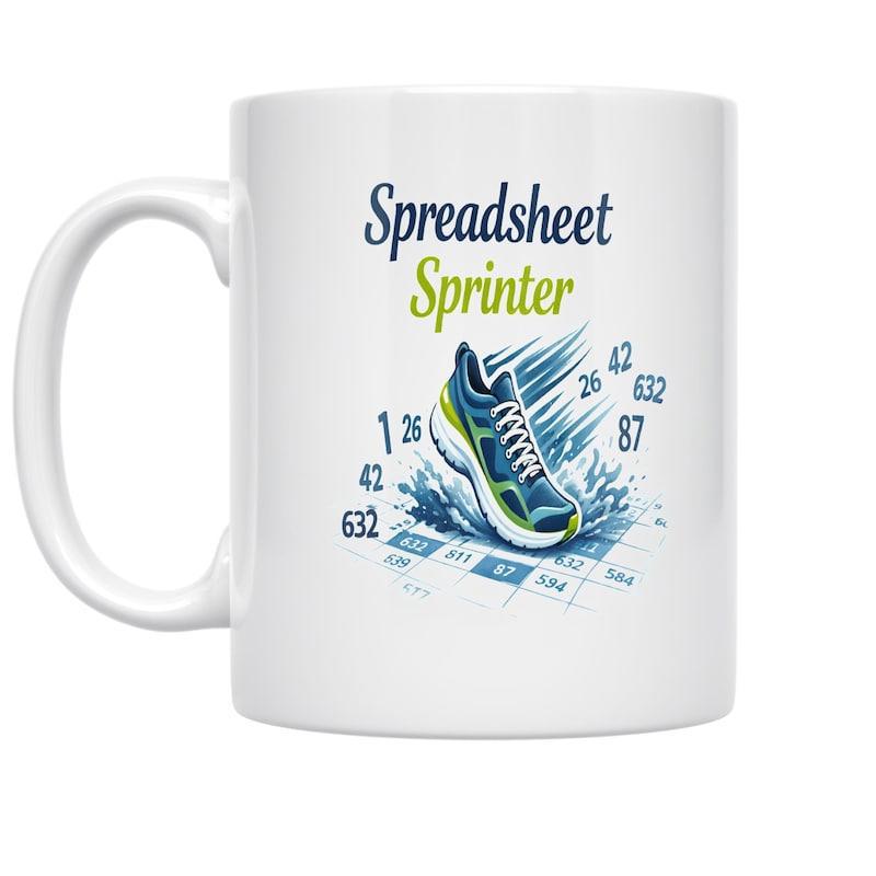Tailorly White Ceramic 11 oz Mug - Spreadsheet Sprinter Vibrant Athletic Footwear Stomping Through Digital Data Table Among Splashing Blue Drops Shoe
