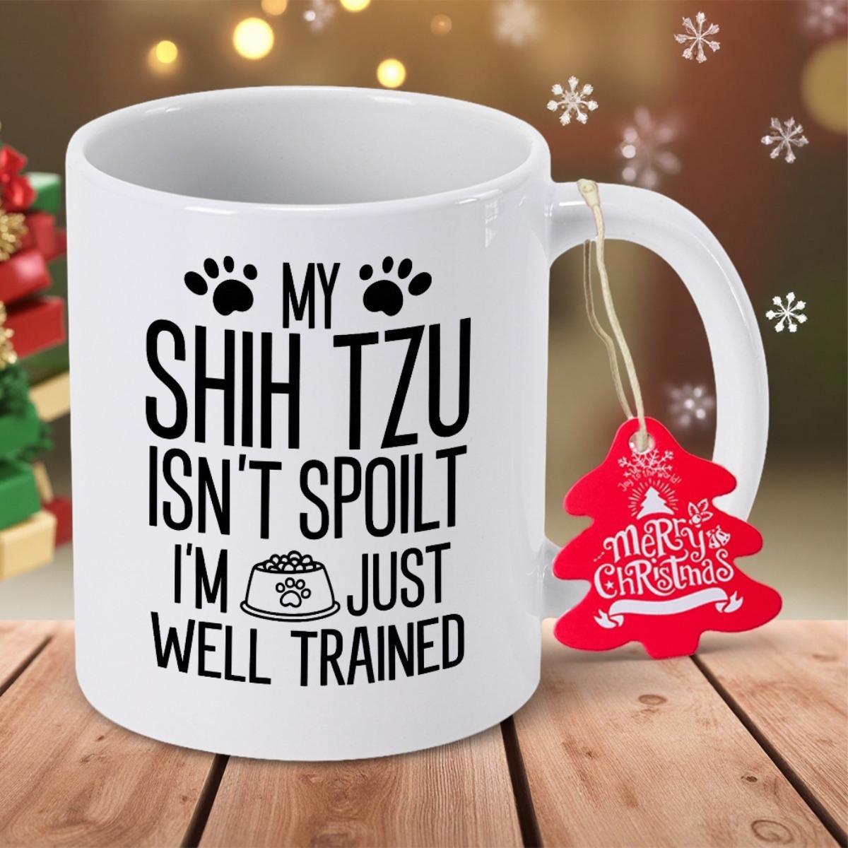 Tailorly White Ceramic 11 oz Mug - My Shih Tzu Isnt Spoilt Im Just Well Trained Miniature Paw Prints Accompanying A Classic Pet Feeding Dish Dog Bowl