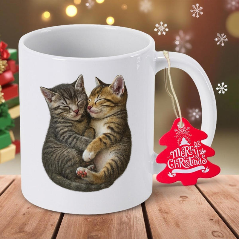 Tailorly White Ceramic 11 oz Mug - Merry Christmas Adorable Tabby Siblings Sleeping Peacefully While Cuddling Together In Cozy Warmth Kitten