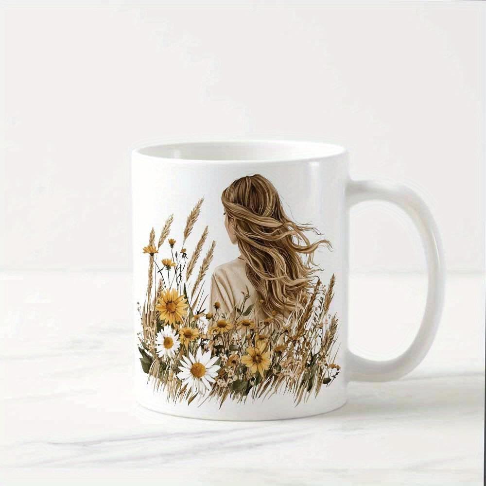 Tailorly White Ceramic 11 oz Mug - Graceful Woman With Long Wavy Hair Among Golden Autumn Field Flowers Woman