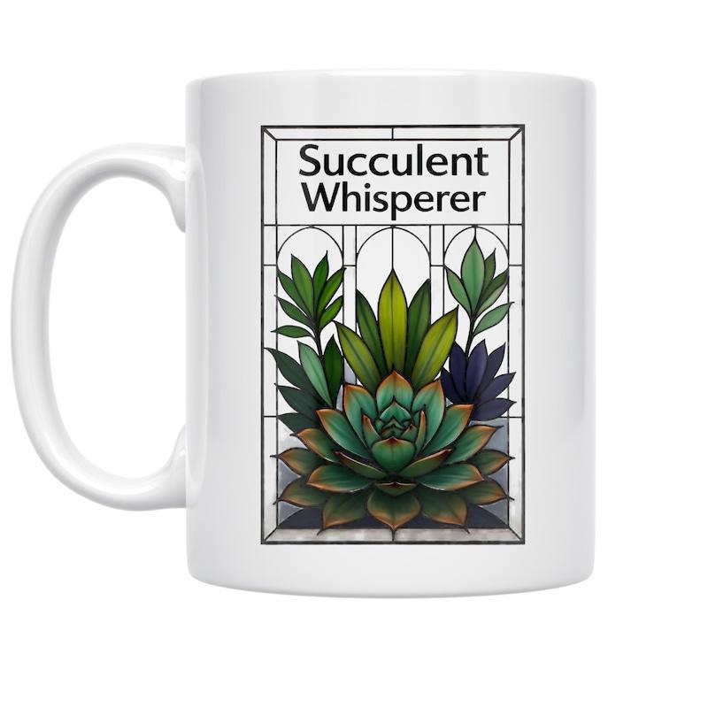 Tailorly White Ceramic 11 oz Mug - Succulent Whisperer Vibrant Green Botanical Garden Plants Inside Stained Glass Window Frame Succulent