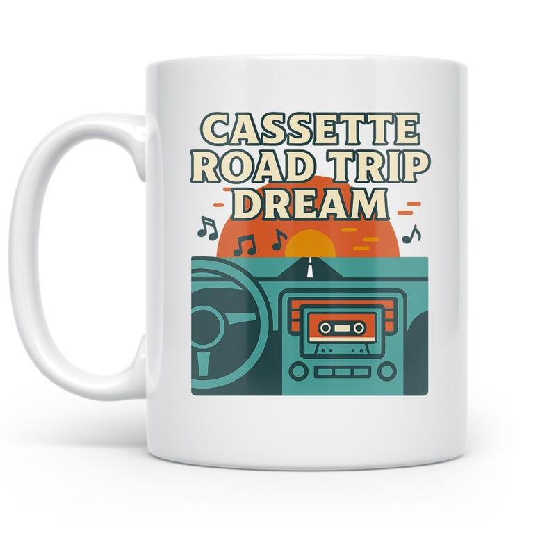 Tailorly White Ceramic 11 oz Mug - Cassette Road Trip Dream Vintage Car Interior With Retro Sunset And Musical Notes Dashboard