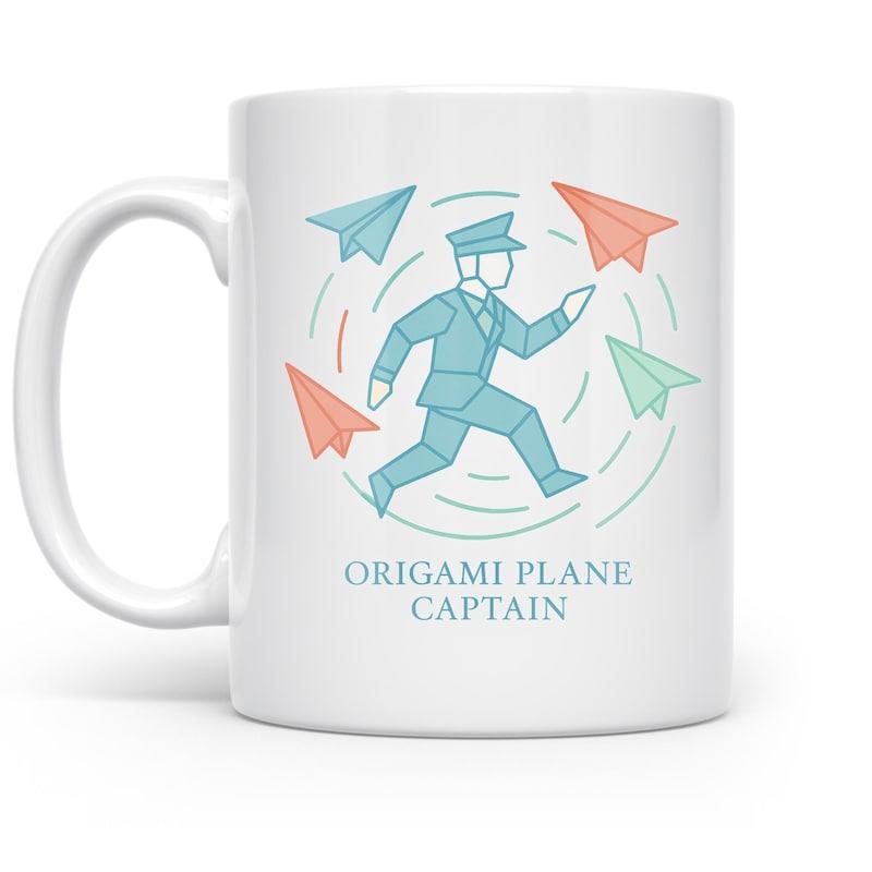 Tailorly White Ceramic 11 oz Mug - Origami Plane Captain Stylized Geometric Pilot Running Among Colorful Flying Paper Airplanes With Motion Lines Captain