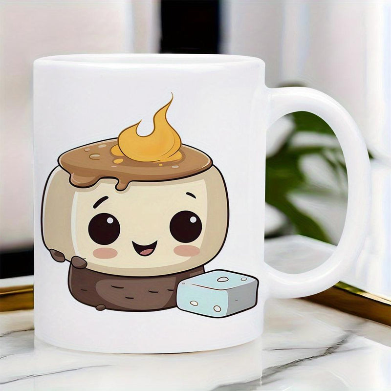 Tailorly White Ceramic 11 oz Mug - Cute Cartoonish Character With Melted Chocolate And A Yellow Flame Top Marshmallow
