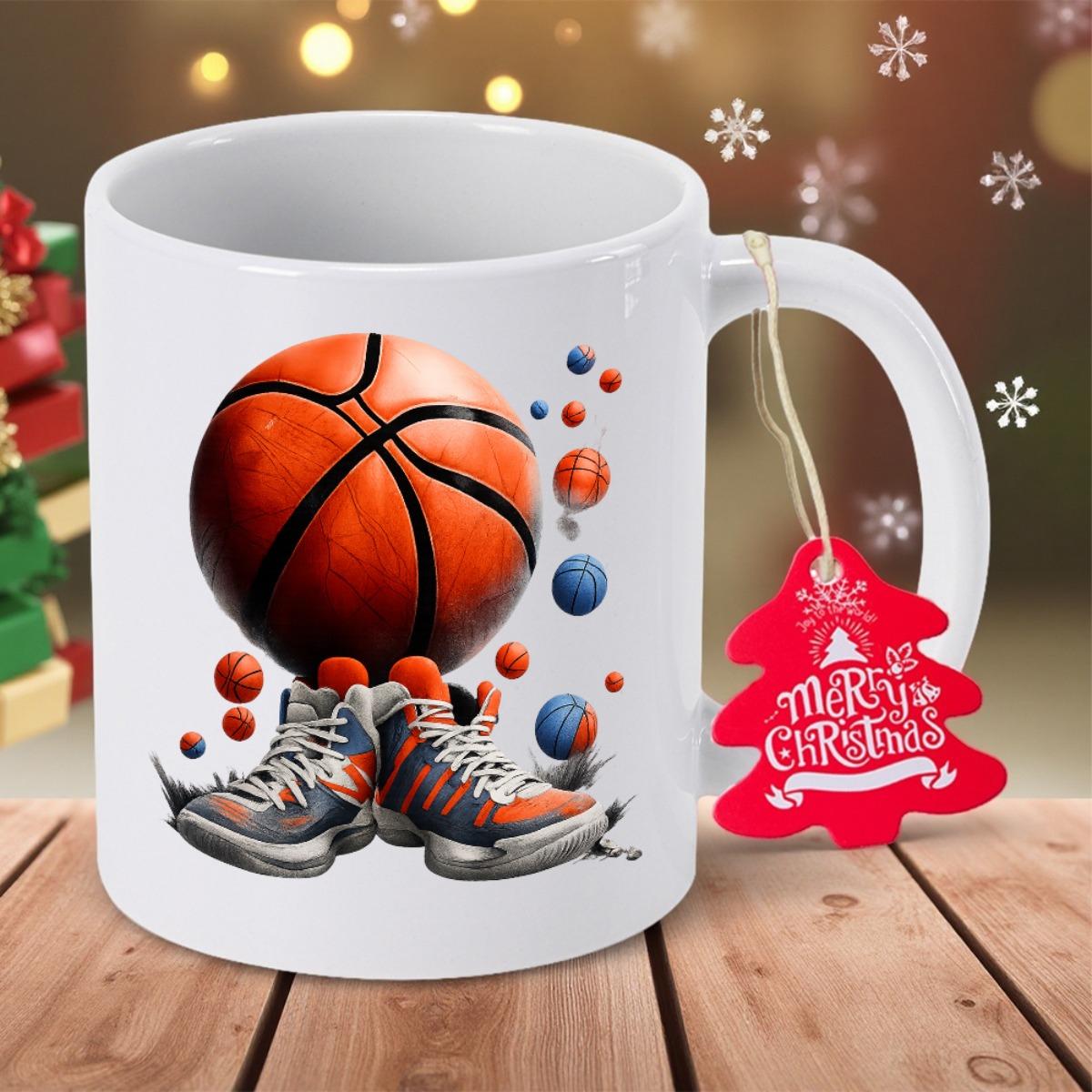 Tailorly White Ceramic 11 oz Mug - Merry Christmas Vibrant Orange Ball Hovering Above Stylish High Top Athletic Footwear Basketball