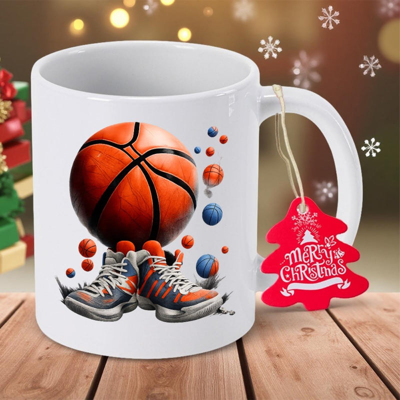 Tailorly White Ceramic 11 oz Mug - Merry Christmas Vibrant Orange Ball Hovering Above Stylish High Top Athletic Footwear Basketball