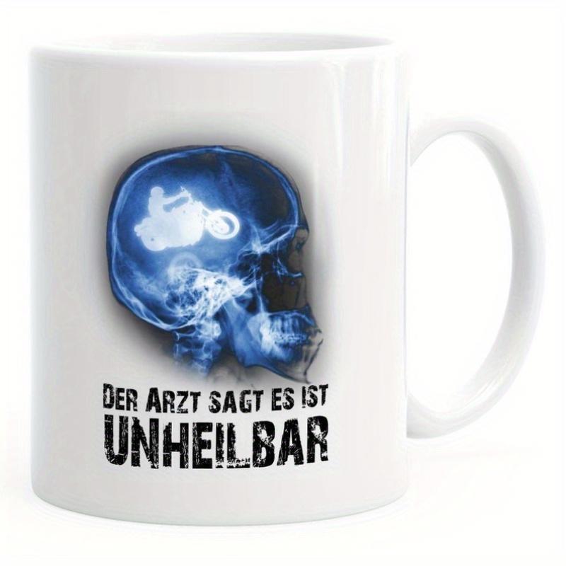 Tailorly White Ceramic 11 oz Mug - Blue Glowing X-Ray Human Head Featuring Detailed Internal Motorcycle Skull