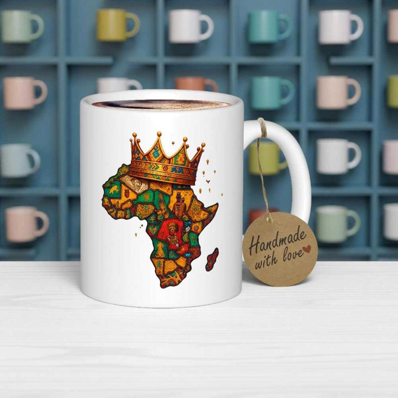 Tailorly White Ceramic 11 oz Mug - Handmade With Love Vibrant Artistic Map Silhouette Wearing A Majestic Golden Royal Crown Africa