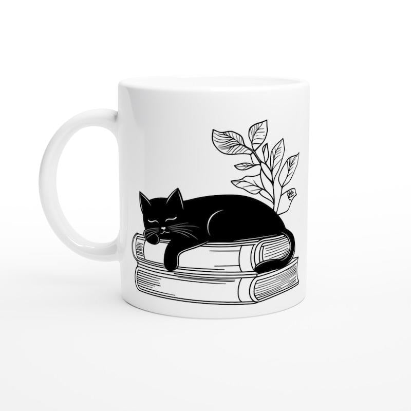 Tailorly White Ceramic 11 oz Mug - Minimalist Artistic Illustration Of Sleeping Black Kitty On Stacked Books Cat