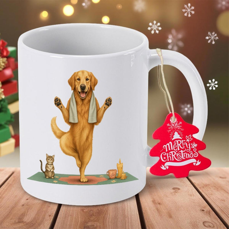 Tailorly White Ceramic 11 oz Mug - Charming Golden Retriever Practicing Yoga Tree Pose On A Green Mat Dog