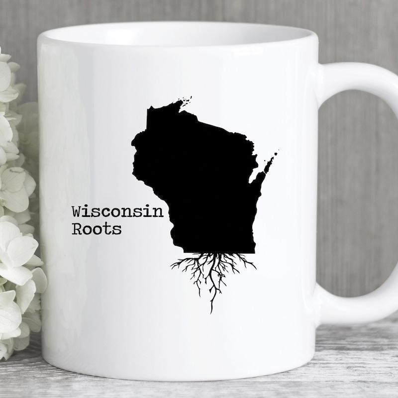 Tailorly White Ceramic 11 oz Mug - Wisconsin Roots Solid Black State Silhouette With Intricate Tree Roots Growing Beneath Wisconsin Map
