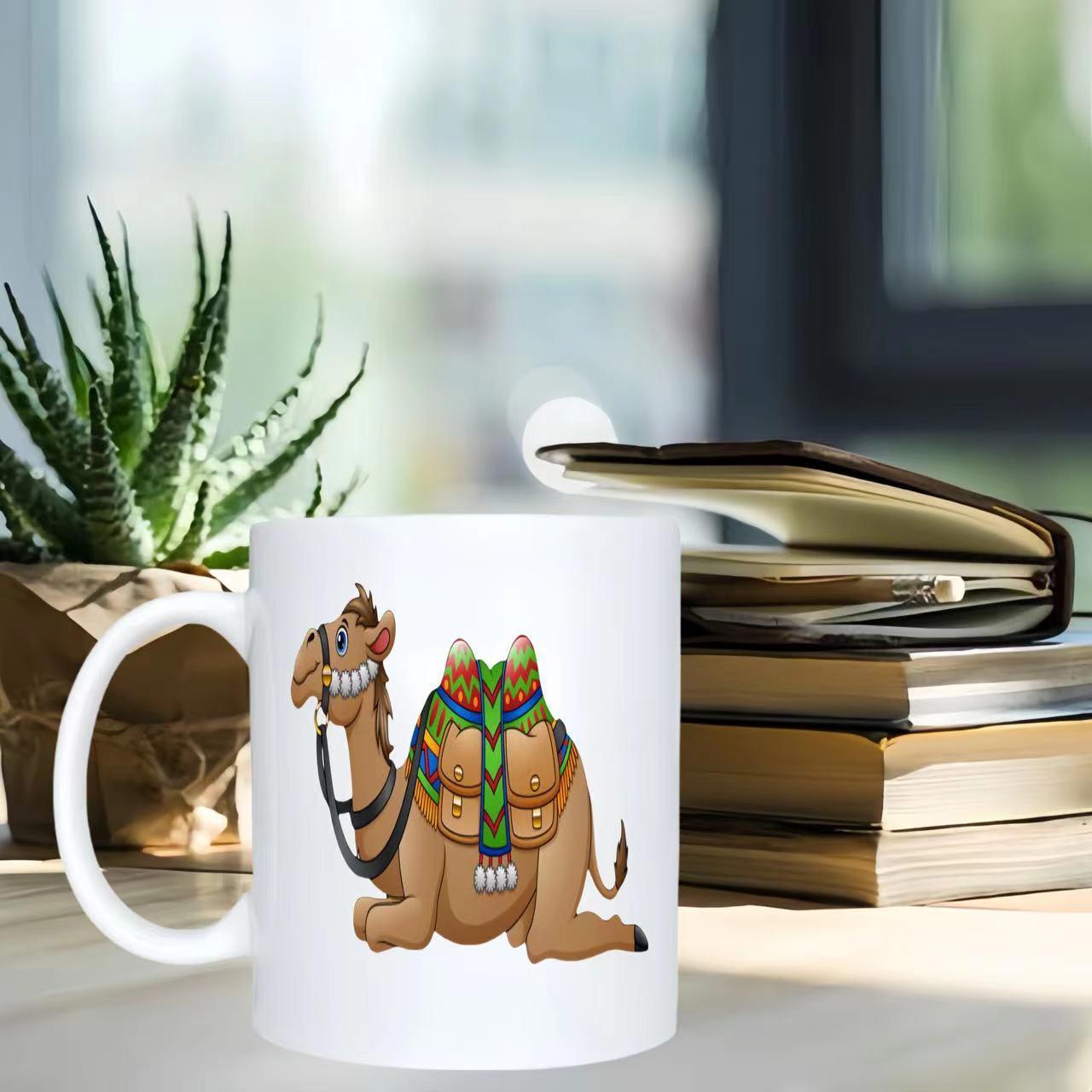 Tailorly White Ceramic 11 oz Mug - Friendly Smiling Cartoon Camel Resting Comfortably While Wearing A Decorative Patterned Saddle Camel