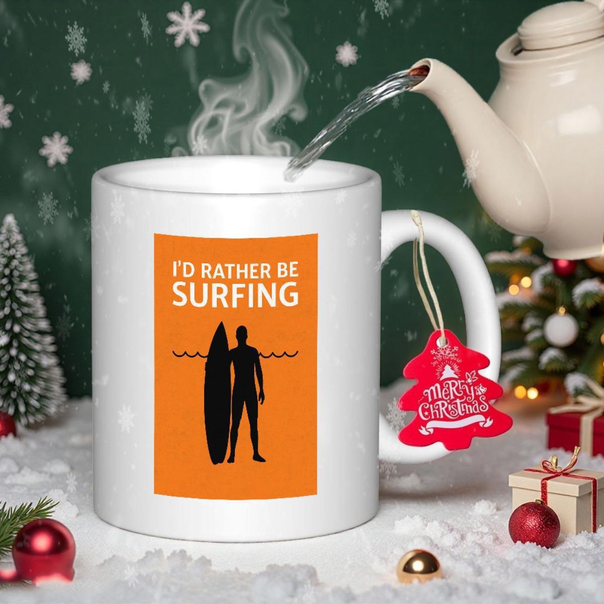 Tailorly White Ceramic 11 oz Mug - Id Rather Be Surfing Silhouette Of Man Standing With Surfboard Against Vibrant Orange Sunset Background Surfer