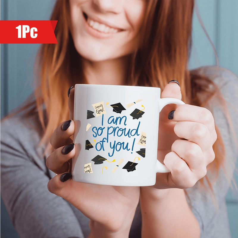 Tailorly White Ceramic 11 oz Mug - I Am So Proud Of You Floating Graduation Caps And Golden Diplomas Scattered Around Inspirational Message Mug