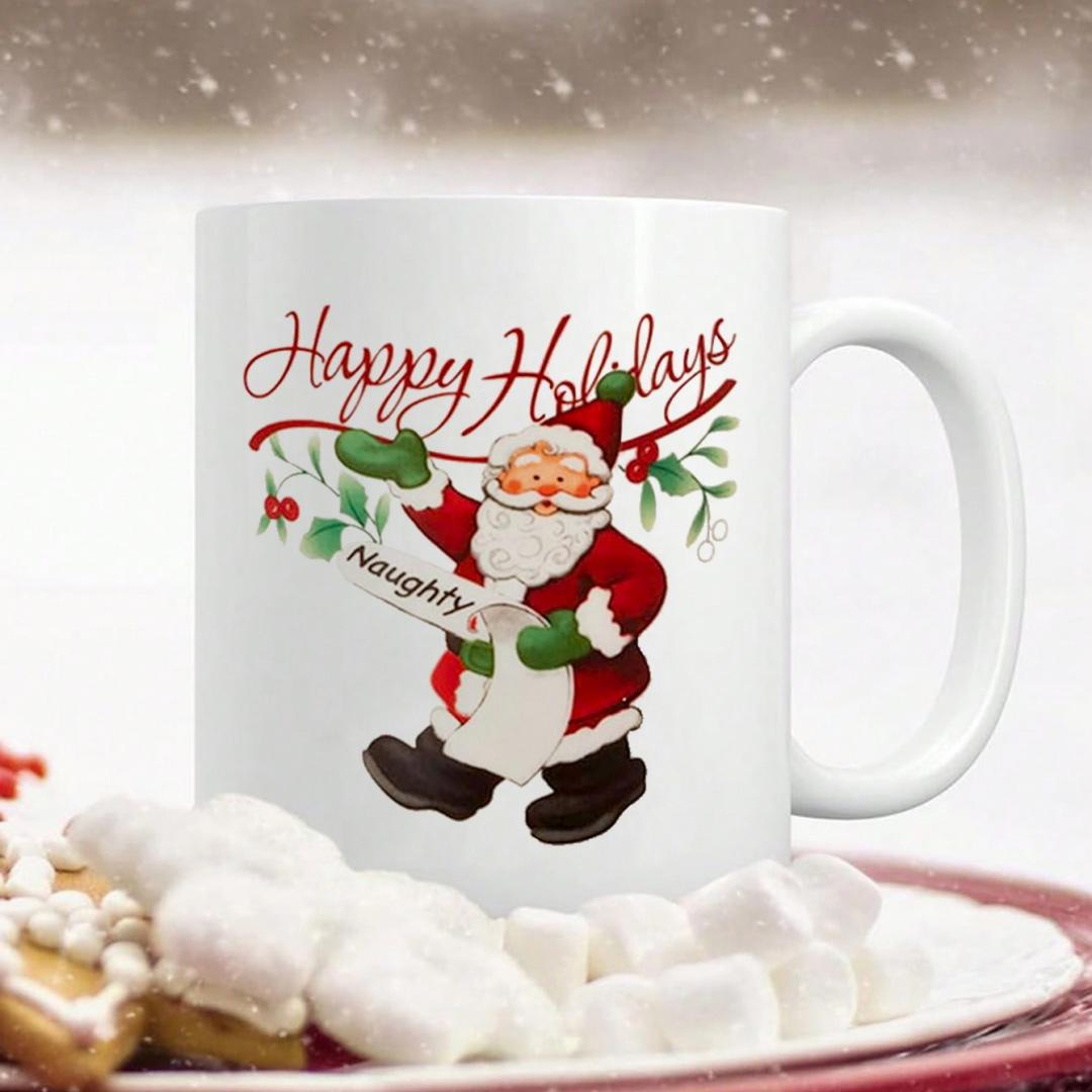 Tailorly White Ceramic 11 oz Mug - Happy Holidays Naughty Vintage Style Festive Character Holding Paper List Within Winter Holly Santa