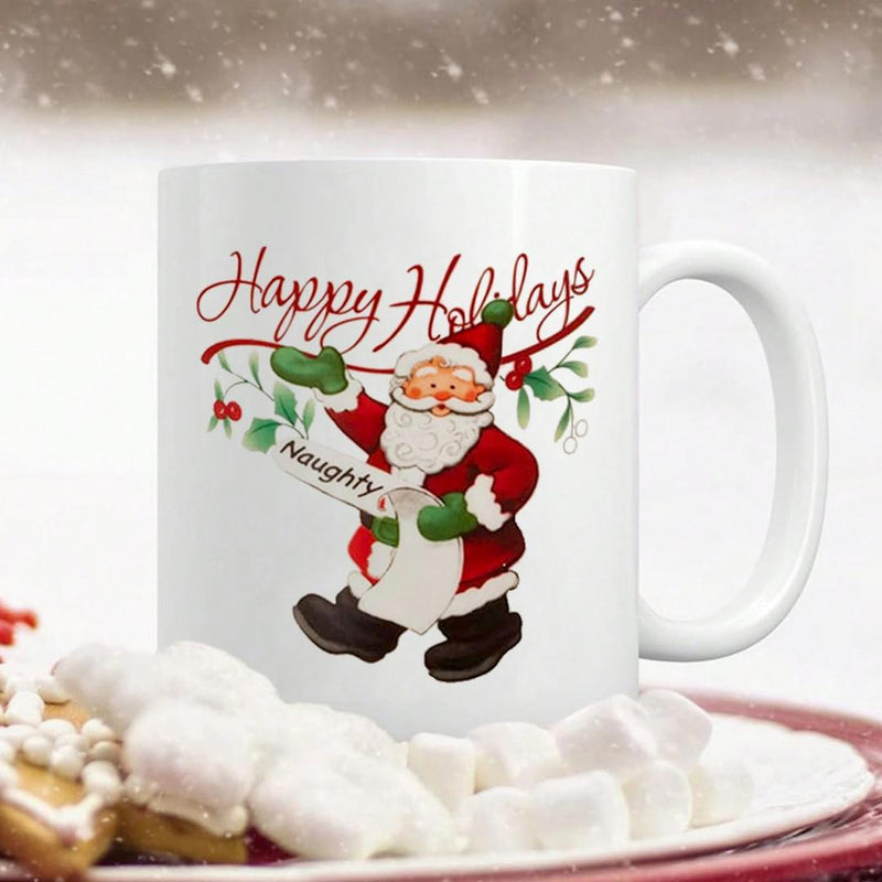 Tailorly White Ceramic 11 oz Mug - Happy Holidays Naughty Vintage Style Festive Character Holding Paper List Within Winter Holly Santa