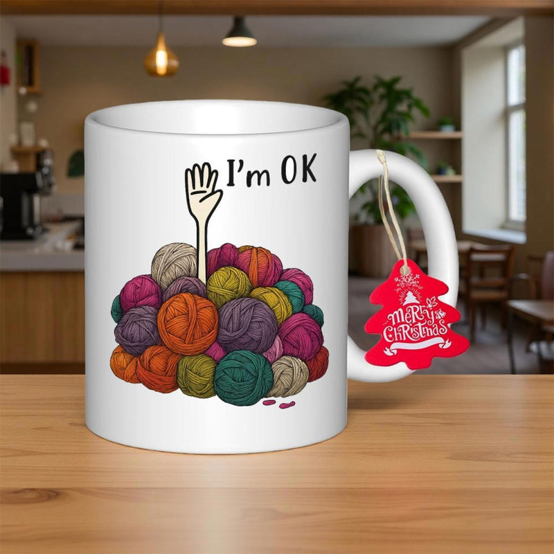 Tailorly White Ceramic 11 oz Mug - Im Ok Soft Colorful Balls Of Knitted Yarn With A Hand Reaching Out Yarn