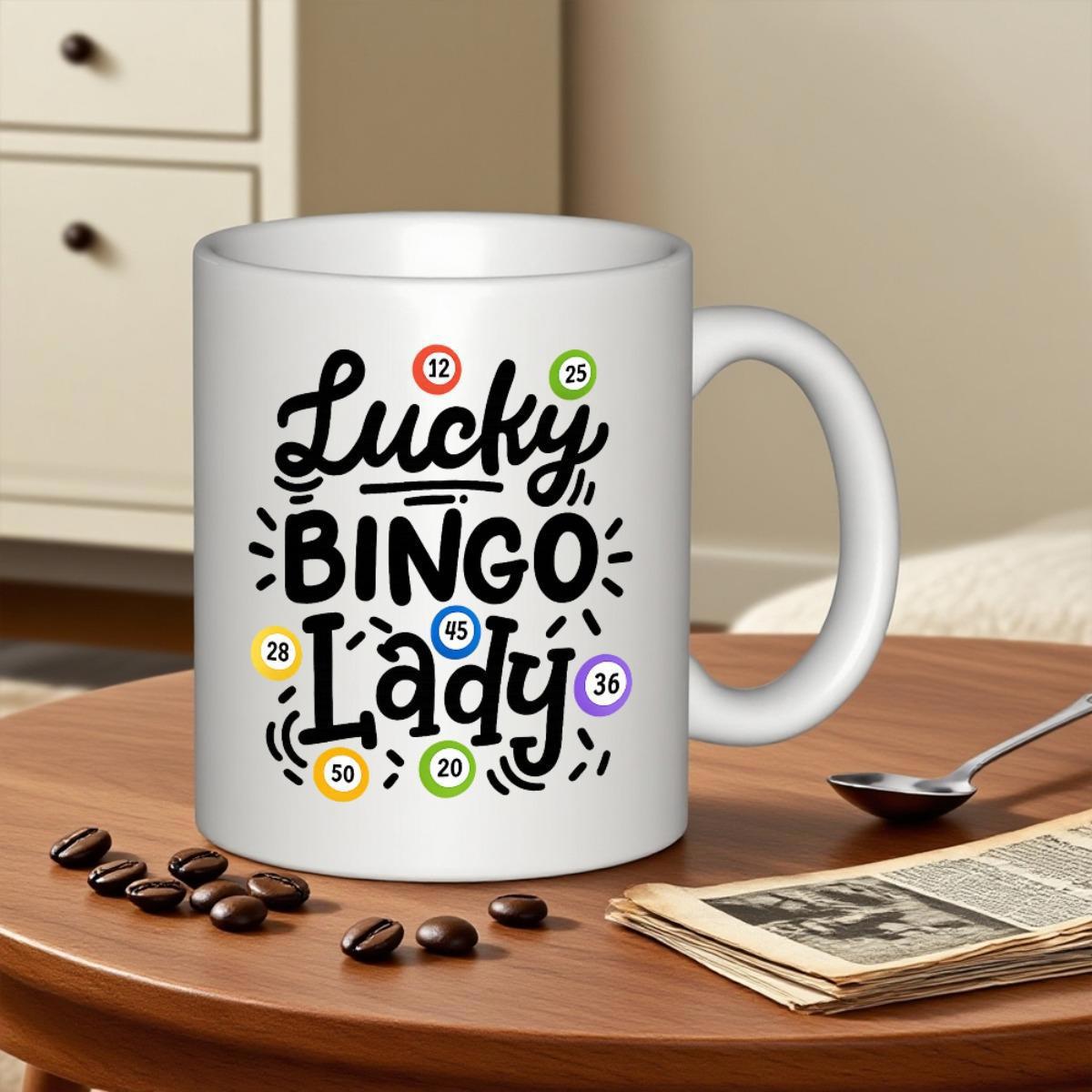 Tailorly White Ceramic 11 oz Mug - Lucky Bingo Lady Colorful Numbered Balls Among Dynamic Black Lines And Decorative Dots Pattern