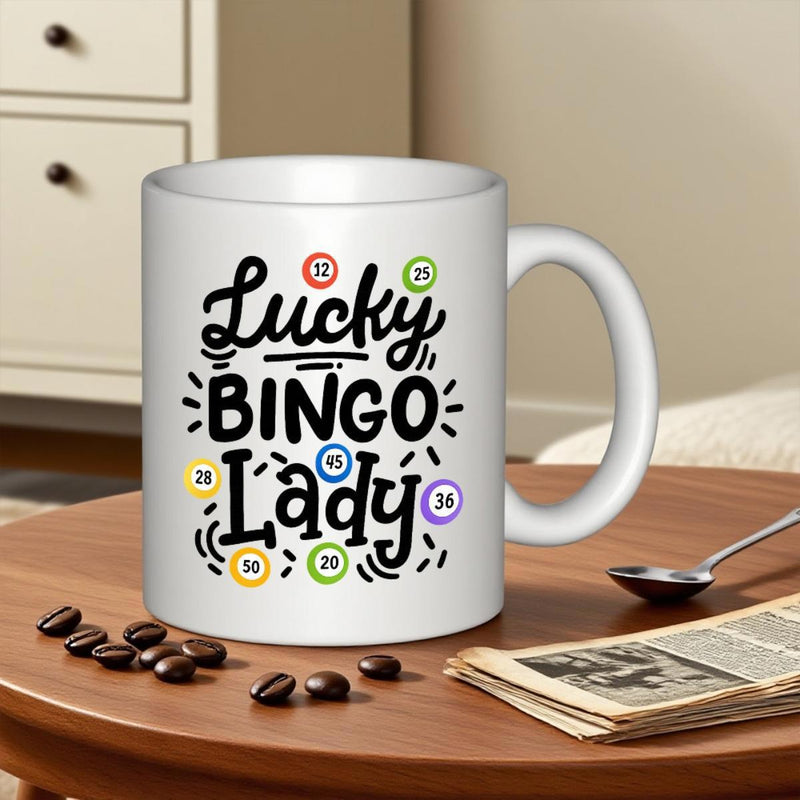 Tailorly White Ceramic 11 oz Mug - Lucky Bingo Lady Colorful Numbered Balls Among Dynamic Black Lines And Decorative Dots Pattern