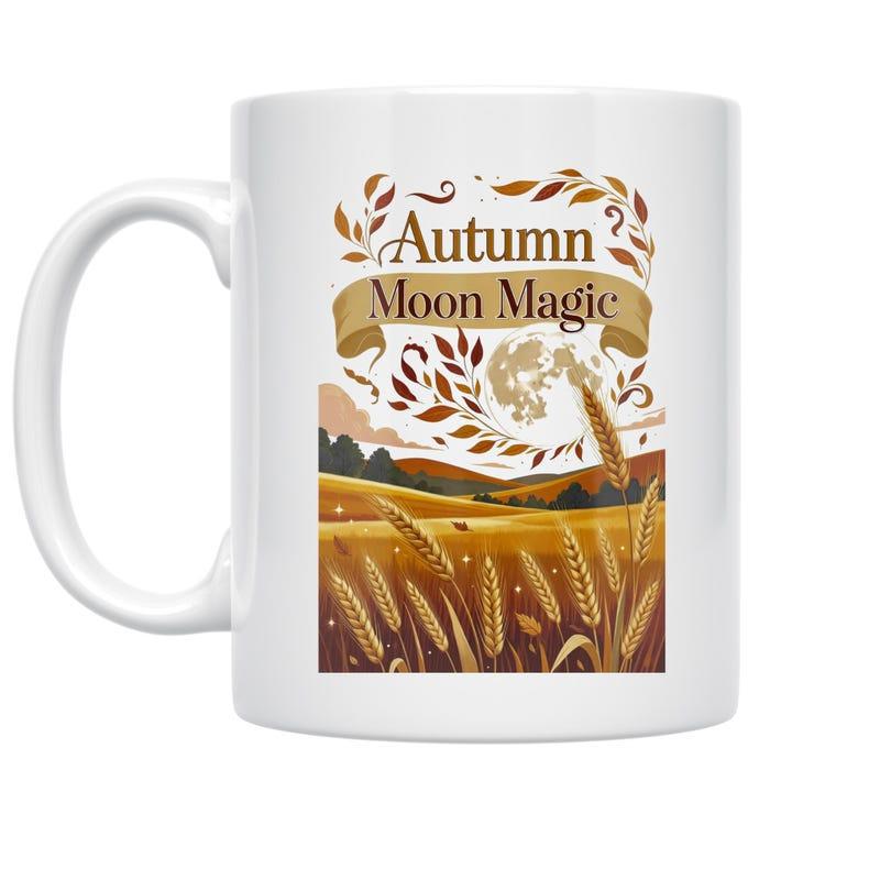 Tailorly White Ceramic 11 oz Mug - Autumn Moon Magic Golden Wheat Fields Swaying Under A Full Harvest Glowing Evening Moon