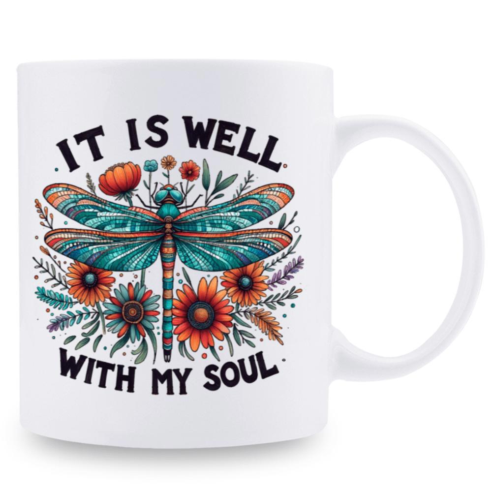 Tailorly White Ceramic 11 oz Mug - It Is Well With My Soul Vibrant Colorful Wings Among Blooming Garden Flowers And Intricate Nature Dragonfly