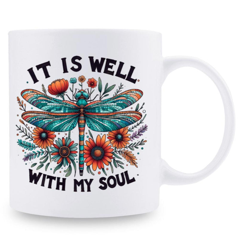 Tailorly White Ceramic 11 oz Mug - It Is Well With My Soul Vibrant Colorful Wings Among Blooming Garden Flowers And Intricate Nature Dragonfly