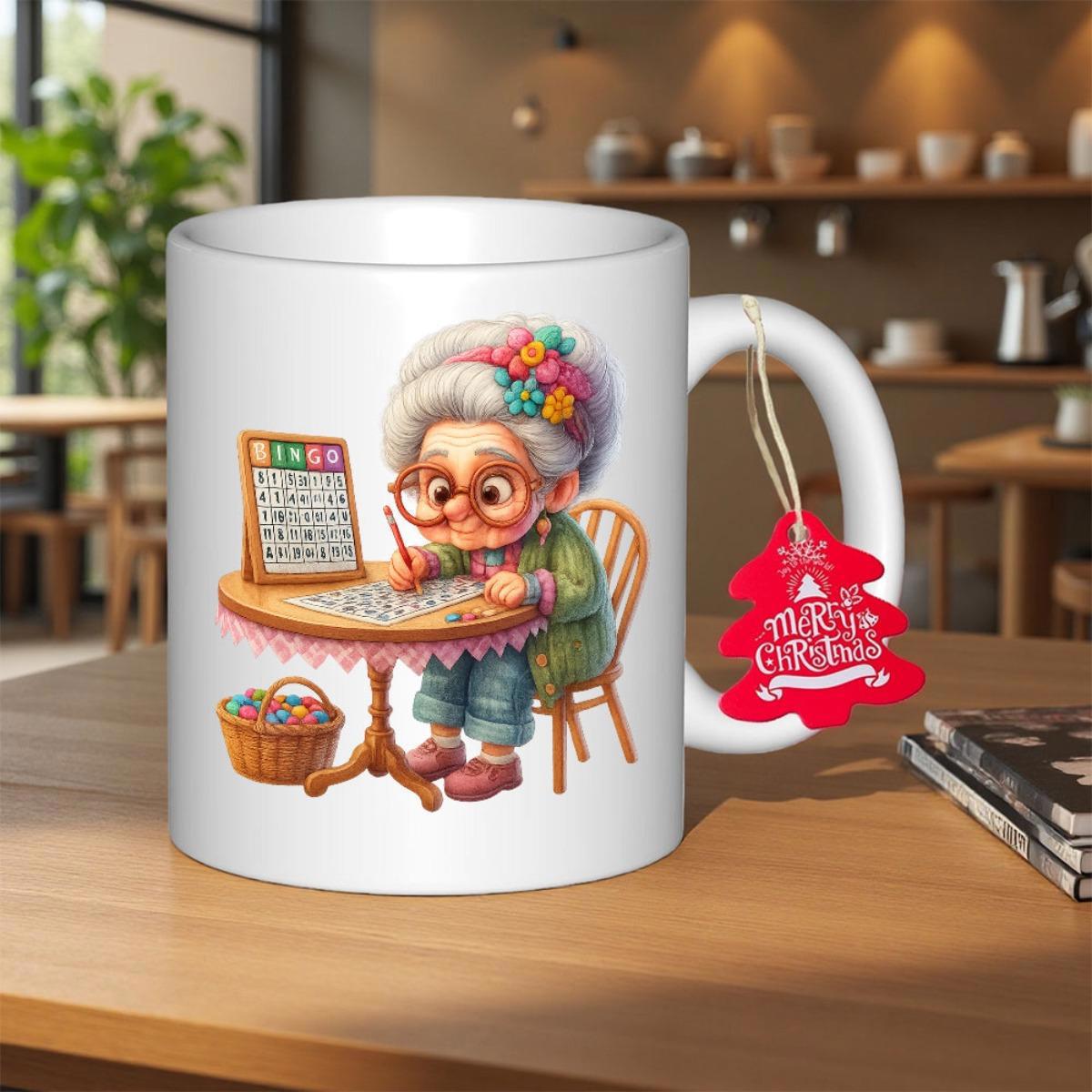 Tailorly White Ceramic 11 oz Mug - Bingo Cute Elderly Lady With Glasses Playing Games At A Small Table Grandma