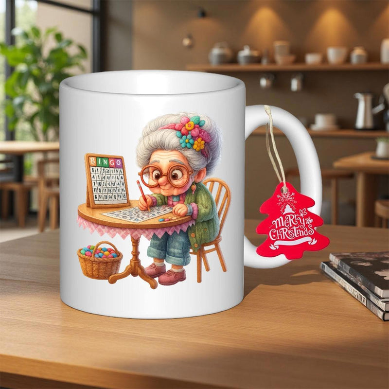 Tailorly White Ceramic 11 oz Mug - Bingo Cute Elderly Lady With Glasses Playing Games At A Small Table Grandma