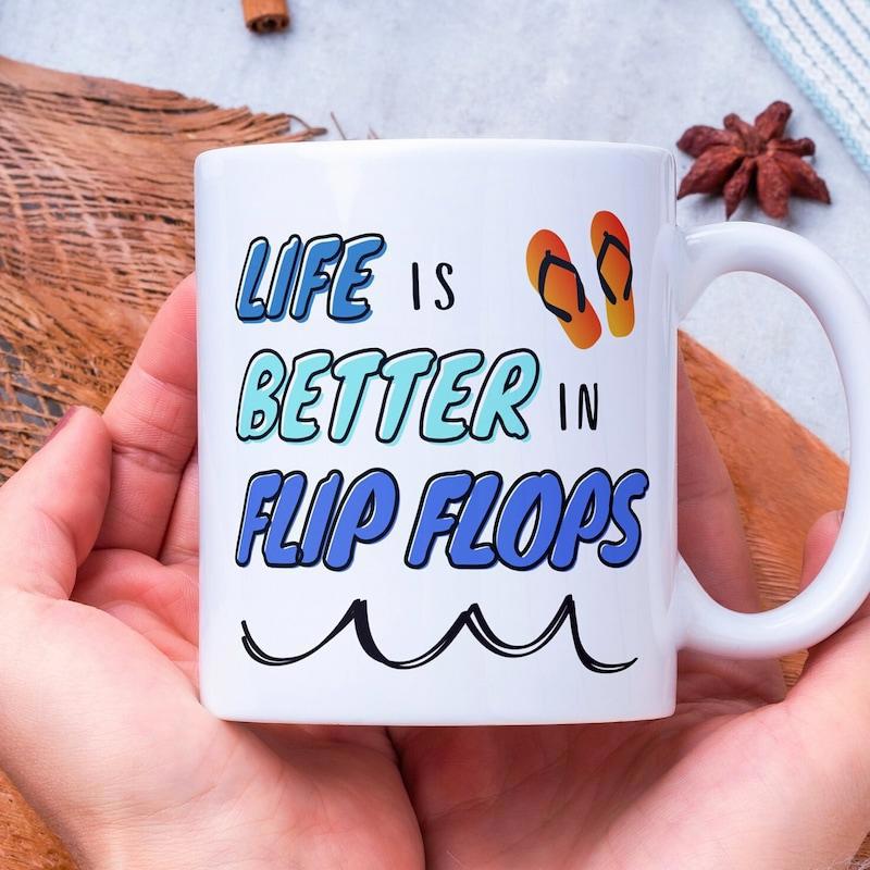Tailorly White Ceramic 11 oz Mug - Life Is Better In Flip Flops Minimalist Tropical Beach Style Footwear Floating Over Simple Wavy Water Lines Flip Flops