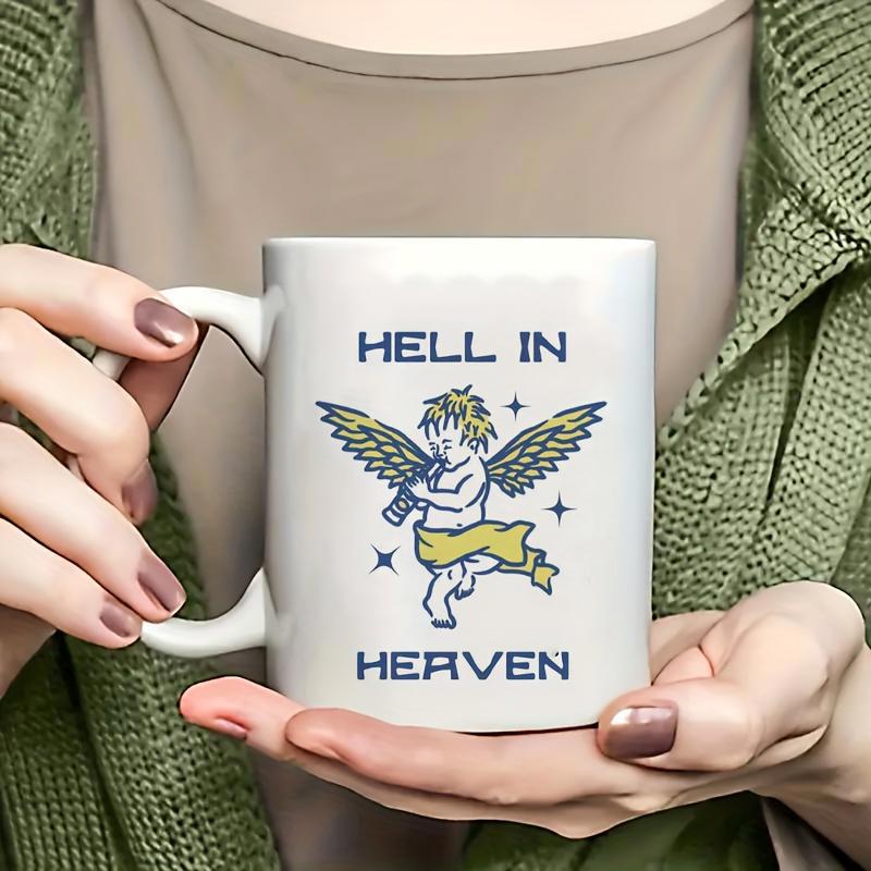 Tailorly White Ceramic 11 oz Mug - Hell In Heaven Vintage Tattoo Style Figure Holding A Bottle Among Shining Stars Angel