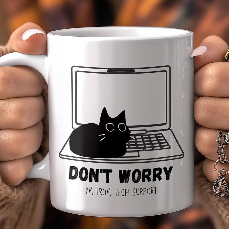 Tailorly White Ceramic 11 oz Mug - Don't Worry I'm From Tech Support Minimalist Black Cat Sitting On A Laptop Keyboard Cat