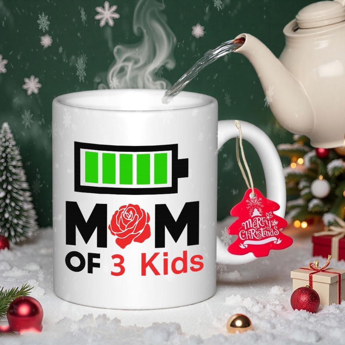 Tailorly White Ceramic 11 oz Mug - Mom Of 3 Kids Full Green Power Level Icon With Red Floral Rose Blossom Decoration Battery