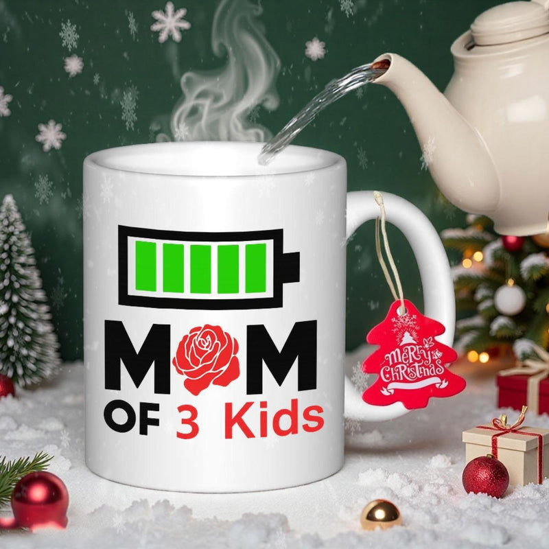 Tailorly White Ceramic 11 oz Mug - Mom Of 3 Kids Full Green Power Level Icon With Red Floral Rose Blossom Decoration Battery