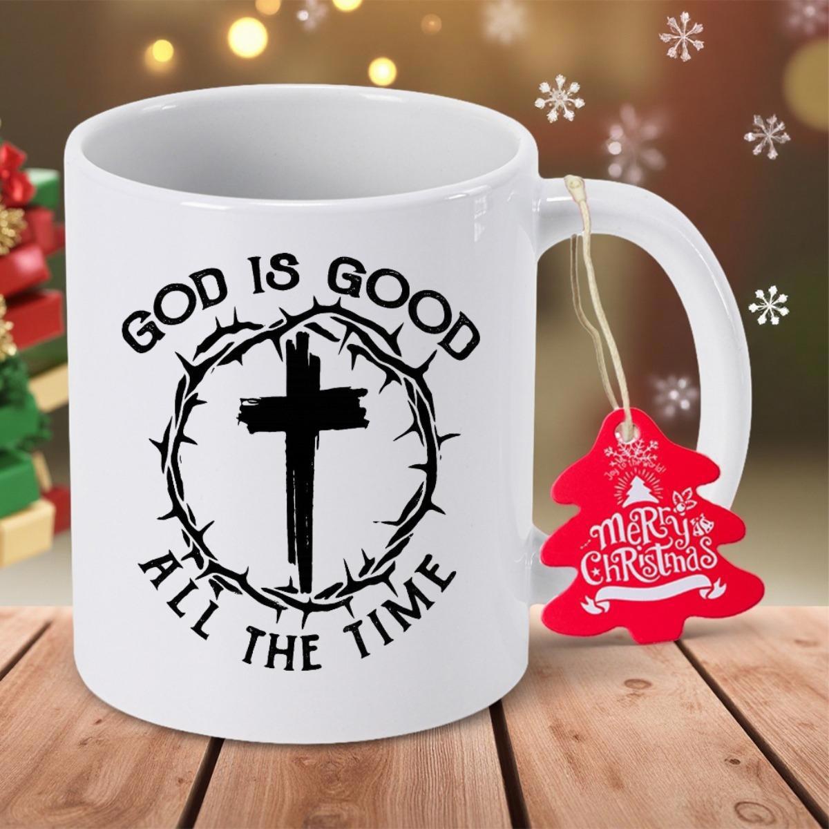 Tailorly White Ceramic 11 oz Mug - God Is Good All The Time Intricate Crown Of Thorns Encompassing A Bold Black Christian Faith Cross