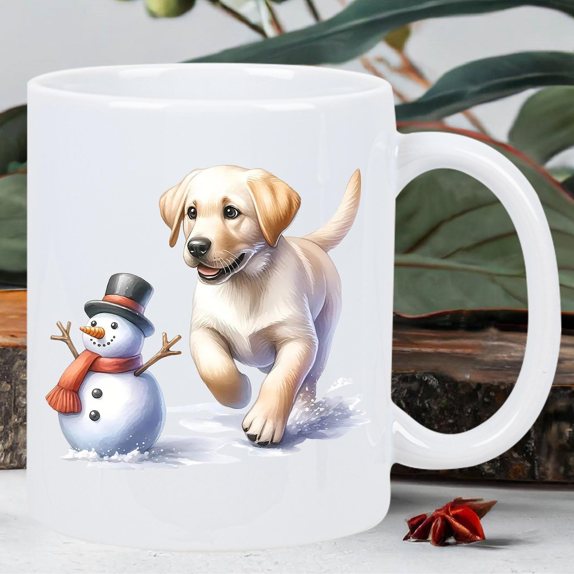 Tailorly White Ceramic 11 oz Mug - Playful Golden Retriever Running In The Cold Glistening Winter Snow Snowman Dog