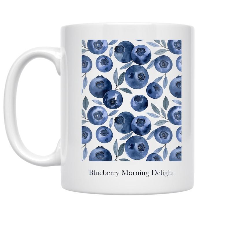 Tailorly White Ceramic 11 oz Mug - Blueberry Morning Delight Fresh Watercolor Blueberries With Green Leaves Arranged In Artistic Pattern Blueberry