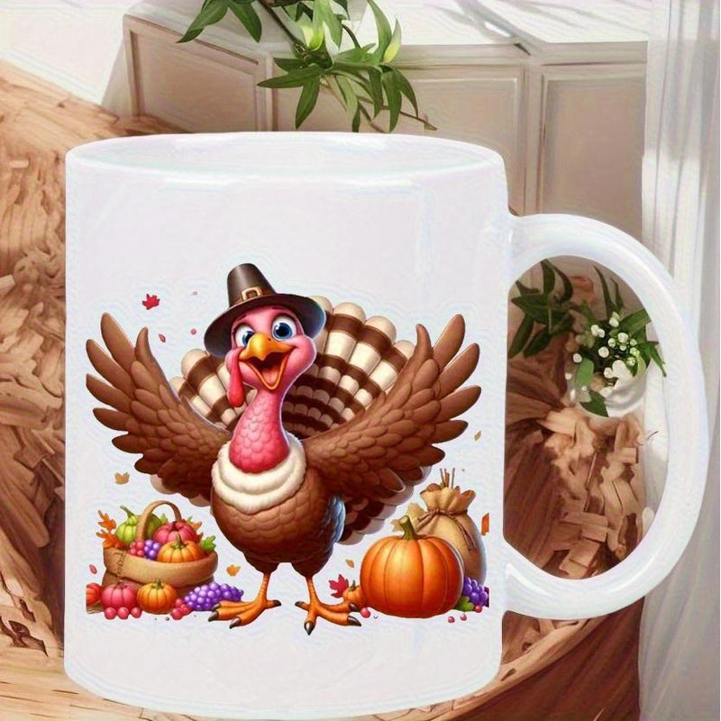 Tailorly White Ceramic 11 oz Mug - Festive Cartoon Bird Wearing Pilgrim Hat Among Autumn Pumpkins And Harvest Turkey