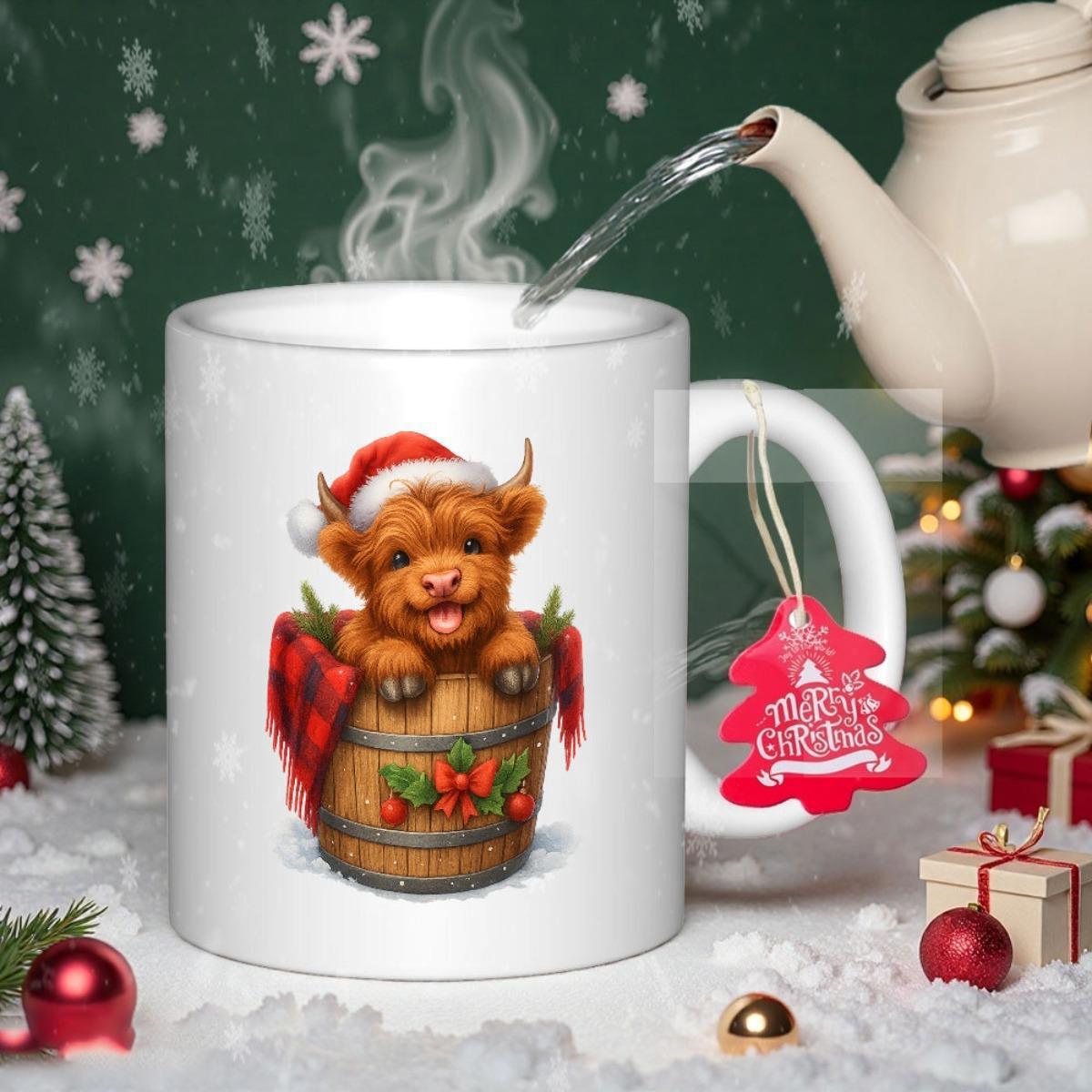 Tailorly White Ceramic 11 oz Mug - Festive Highland Calf Wearing Red Santa Hat Within Decorative Wooden Barrel Cow