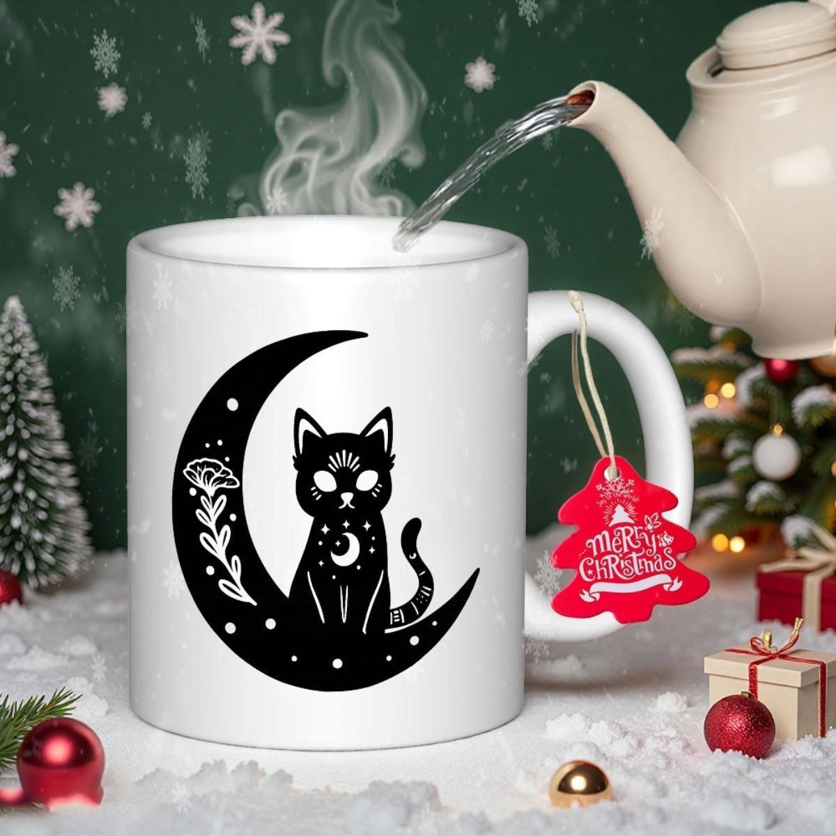 Tailorly White Ceramic 11 oz Mug - Mystical Crescent Moon With Celestial Patterns And Silhouette Style Cat