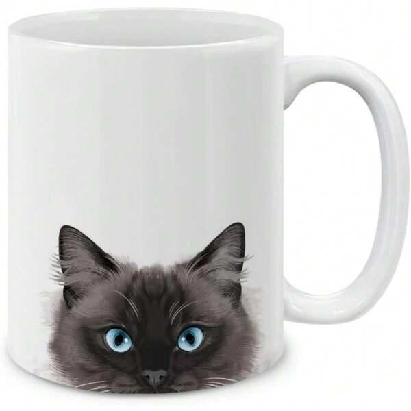 Tailorly White Ceramic 11 oz Mug - Mysterious Peeking Dark Feline With Piercing Blue Eyes And Soft Fur Cat