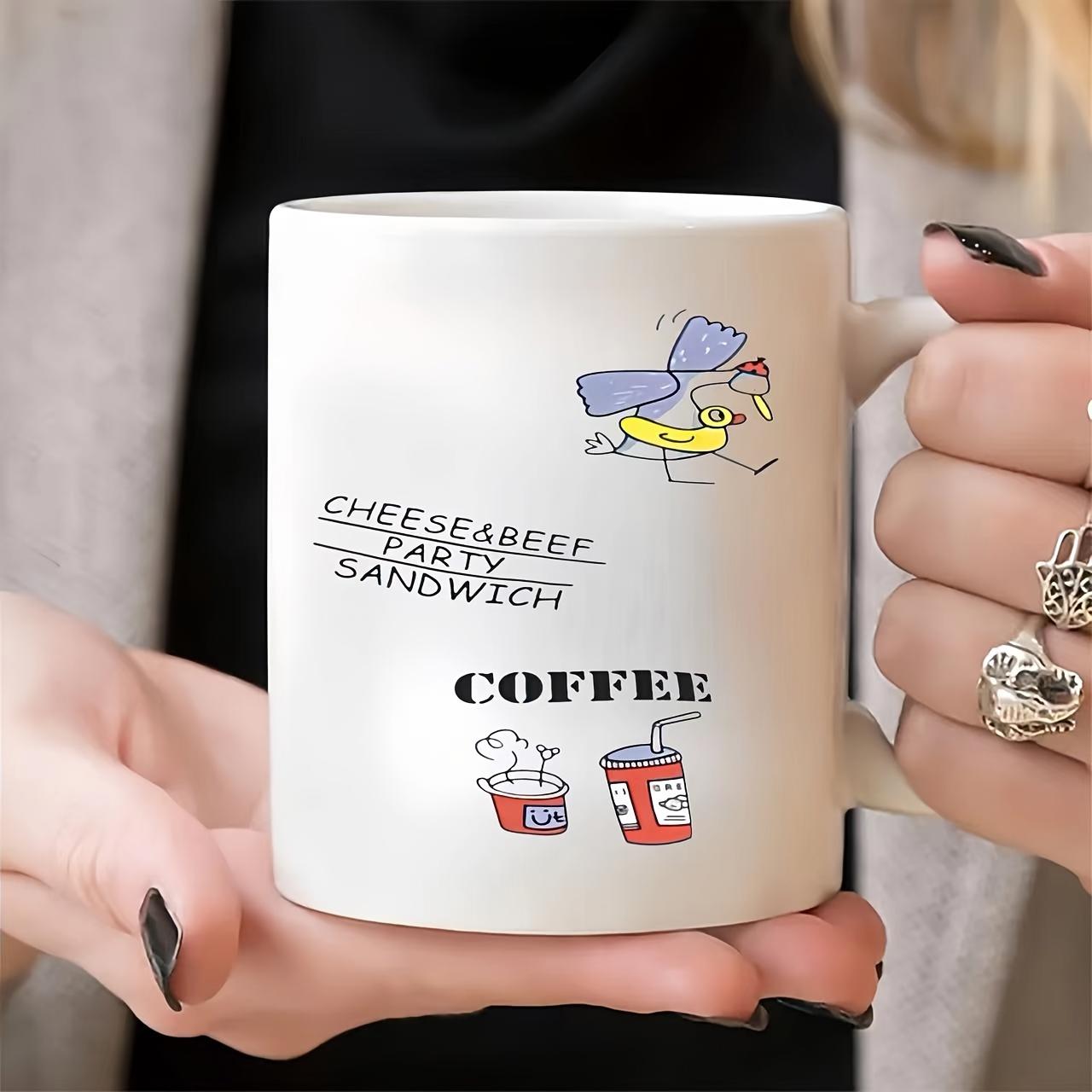 Tailorly White Ceramic 11 oz Mug - Cheeseabeef Party Sandwich Coffee Whimsical Hand Drawn Illustrations Featuring Playful Food And Flying Character Mug